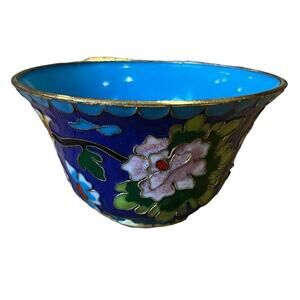 Chinese Cloisonne Copper Bowl flower cup Old Brass Bowl Enamel 4” Wide VTG
